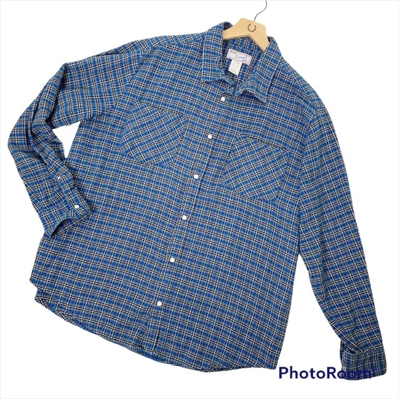 HABAND CASUAL JOE Blue Plaid Flannel Pearl Snap Button-Up Shirt Large - Picture 1 of 11